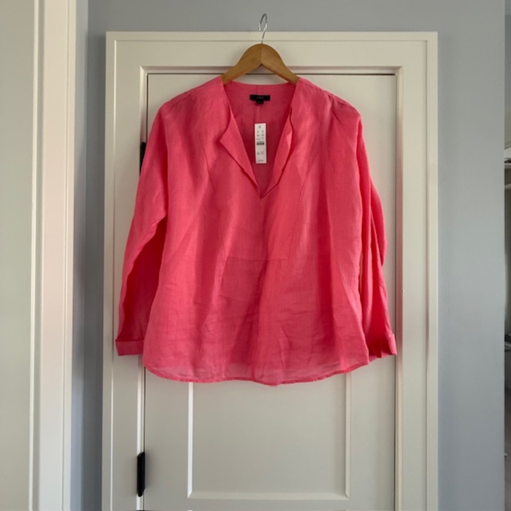 NWT- Women's J. Crew Bright Pink Long-sleeve Ramie Tunic Top Large L New